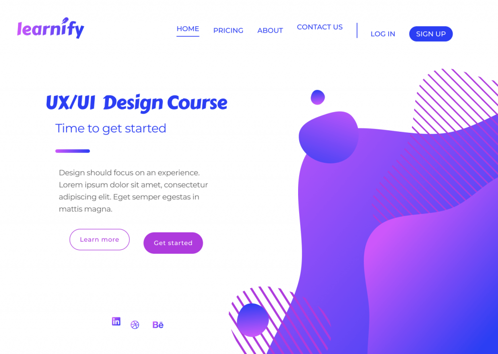 A website page for a fictional company called 'Learnify'. At the top is a navigation bar with options for different pages. The options are not in a straight line. Other objects on the page are misaligned with each other creating an uneven feel.