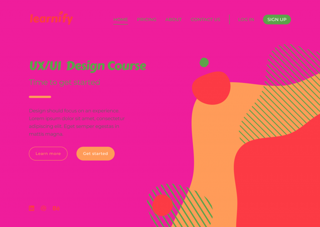 A website page for a fictional company called 'Learnify'. The page colours have been altered to bright pink, orange, and red, making it overwhelming to the eye and difficult to read the text. The colours do not seem to match and are unattractive as a whole.