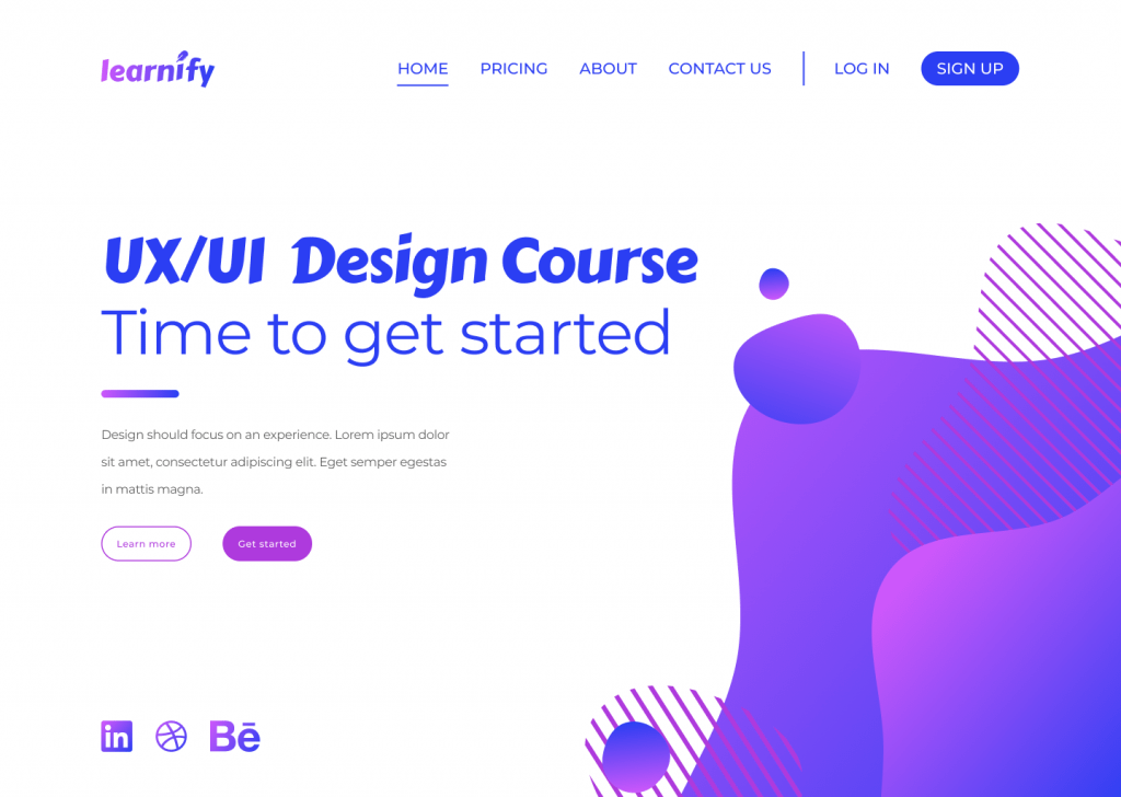 A website page for a fictional company called 'Learnify'. The objects on the page are all the wrong size. The heading is too big compared to the small action buttons and the social media icons are very large.