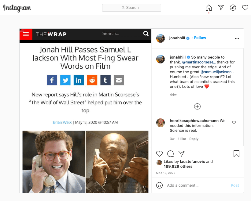 Instagram snapshot portraying a white-background comment field as well as a news story with a picture of black bald man speaking on the phone and white man with brown curly hair wearing spectacles and speaking on the phone