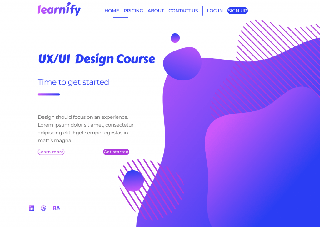 A website page for a fictional company called 'Learnify'. The decorative elements on the page overwhelm the buttons and text. The button text is too large for its borders.