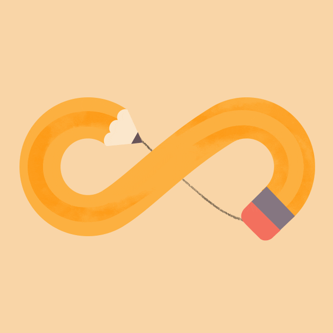 infinity gif where the moving infinity symbol is a pencil leaving a line with the rubber at the tip of the pencil trailing it, erasing it